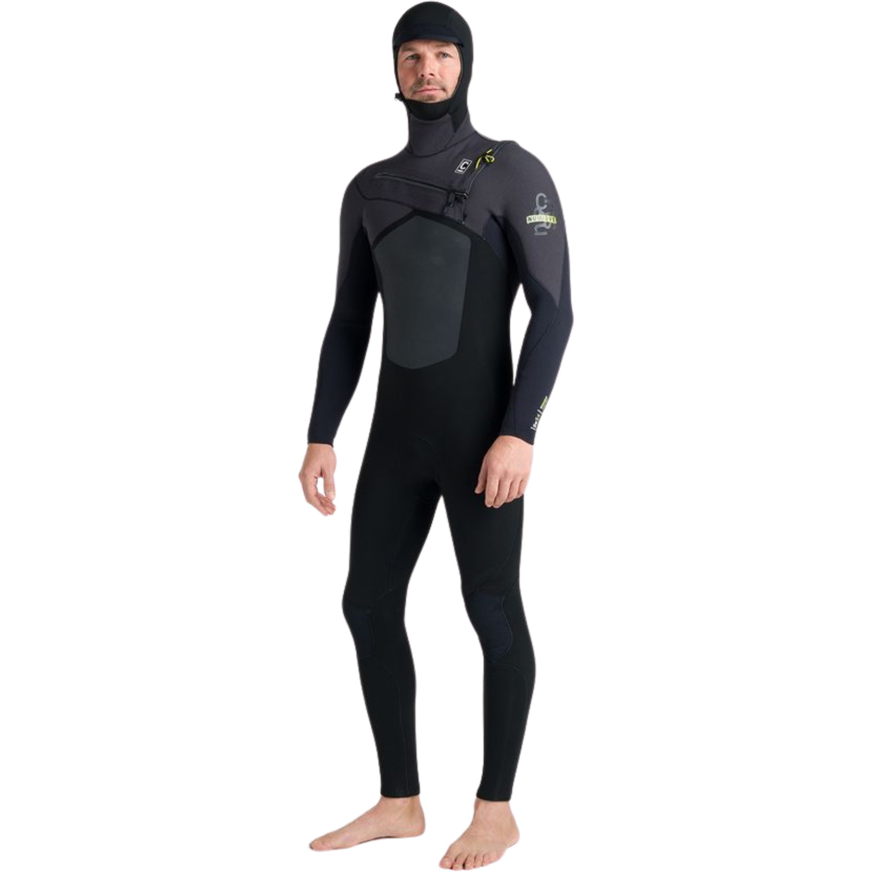 2026 C-Skins Mens Nuwave Rewired 5/4mm Hooded Chest Zip Wetsuit CRW54MH - Black / Meteor / Lime